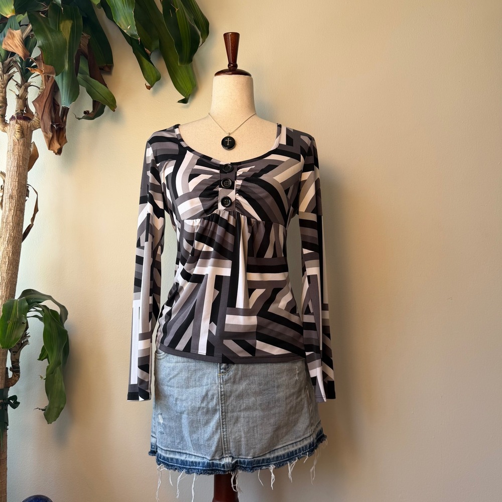 y2k Geometric Babydoll Top Black Grey Abstract Bell Sleeve Small whimsigoth prep